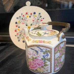 Vintage Japanese Porcelain Teapot Brass Handle and Trivet